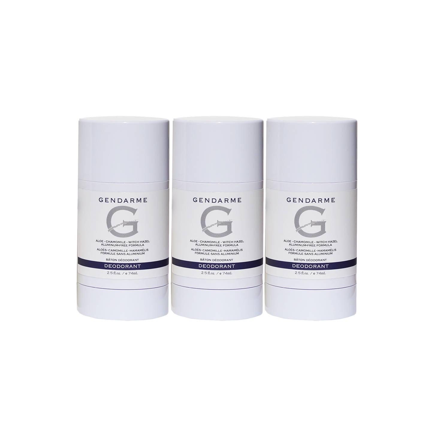 Three Gendarme deodorant sticks on a white background