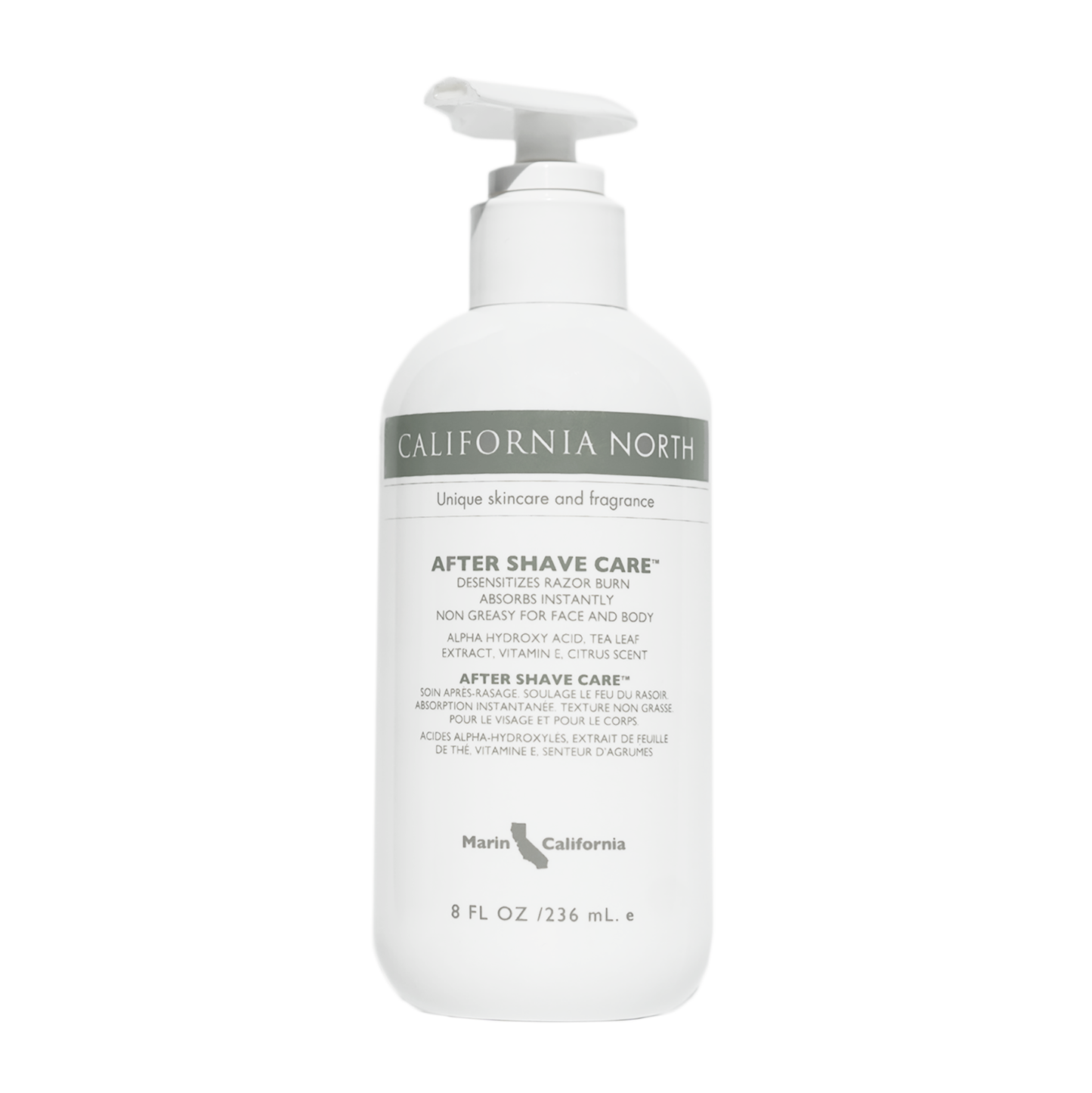 After shave solution in White pump bottle with text and product information