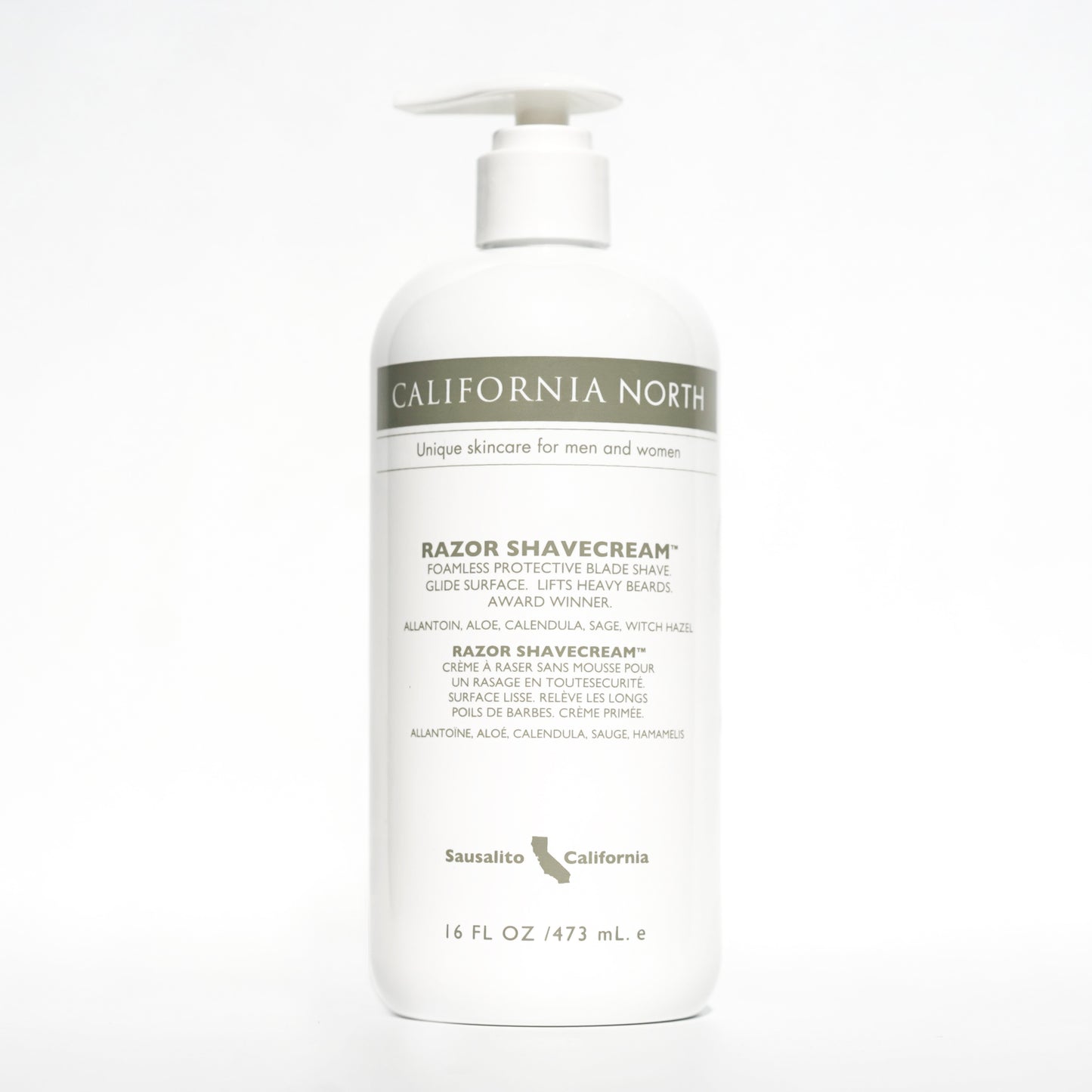 Razor shave cream - White pump bottle with text and product information