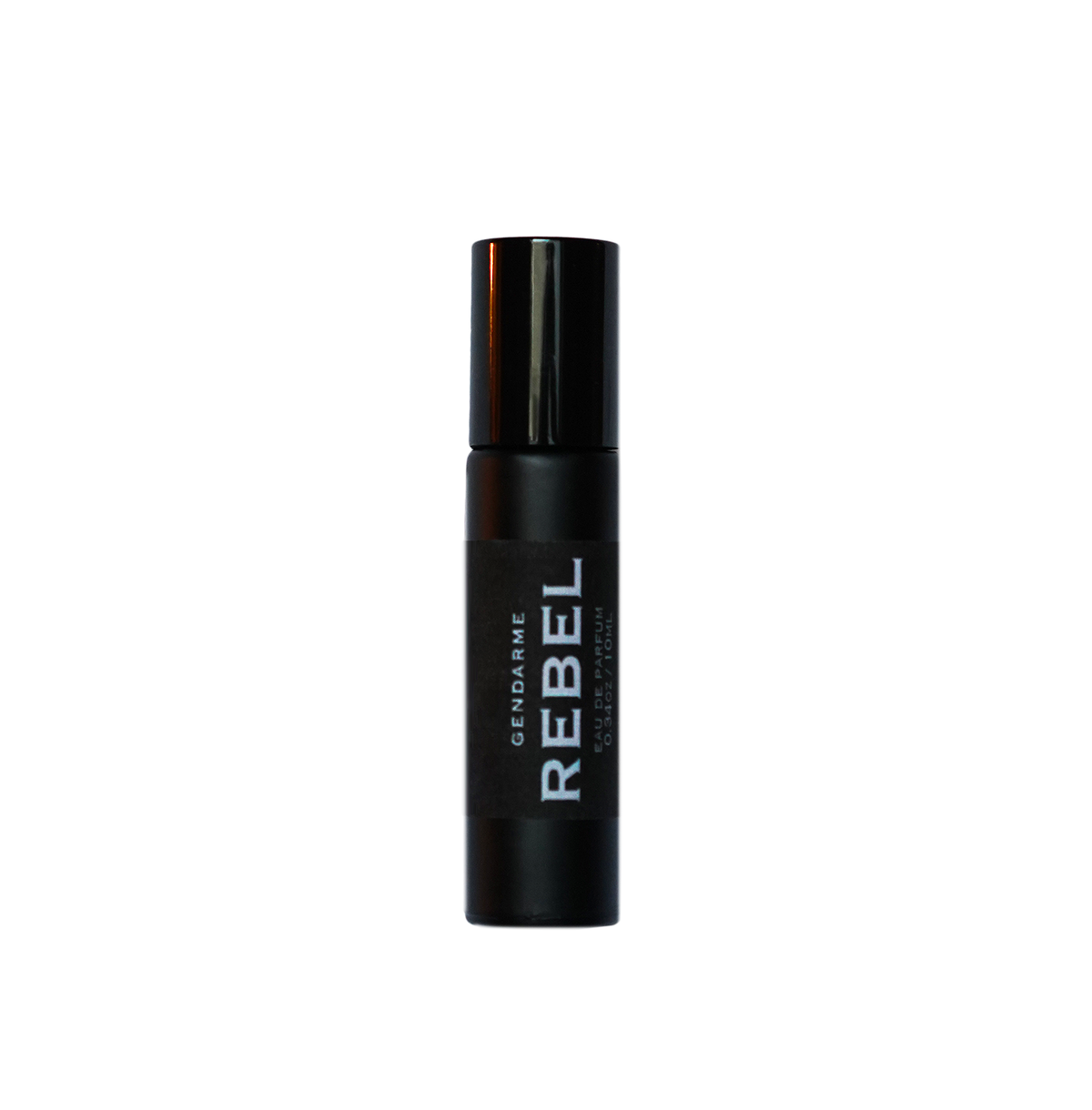 A black rollerball perfume bottle with the word 'REBEL' printed on it.