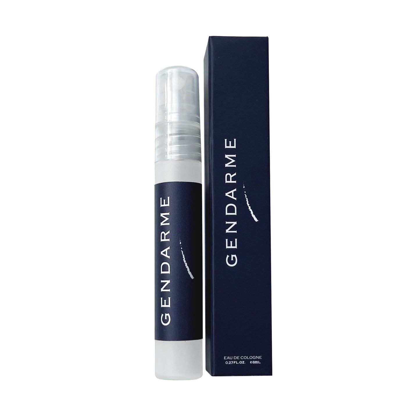 Gendarme Eau De Cologne travel spray bottle next to its dark navy packaging box, both featuring the brand's name.