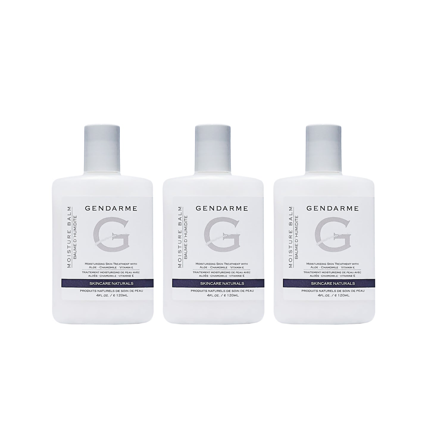 Three bottles of Gendarme moisture balm product on a white background