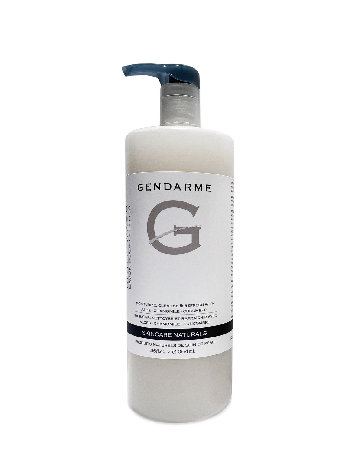A clear plastic bottle with a blue pump  and a label that reads 'GENDARME' brand of body wash. The bottle is transparent, revealing a light-colored liquid inside.