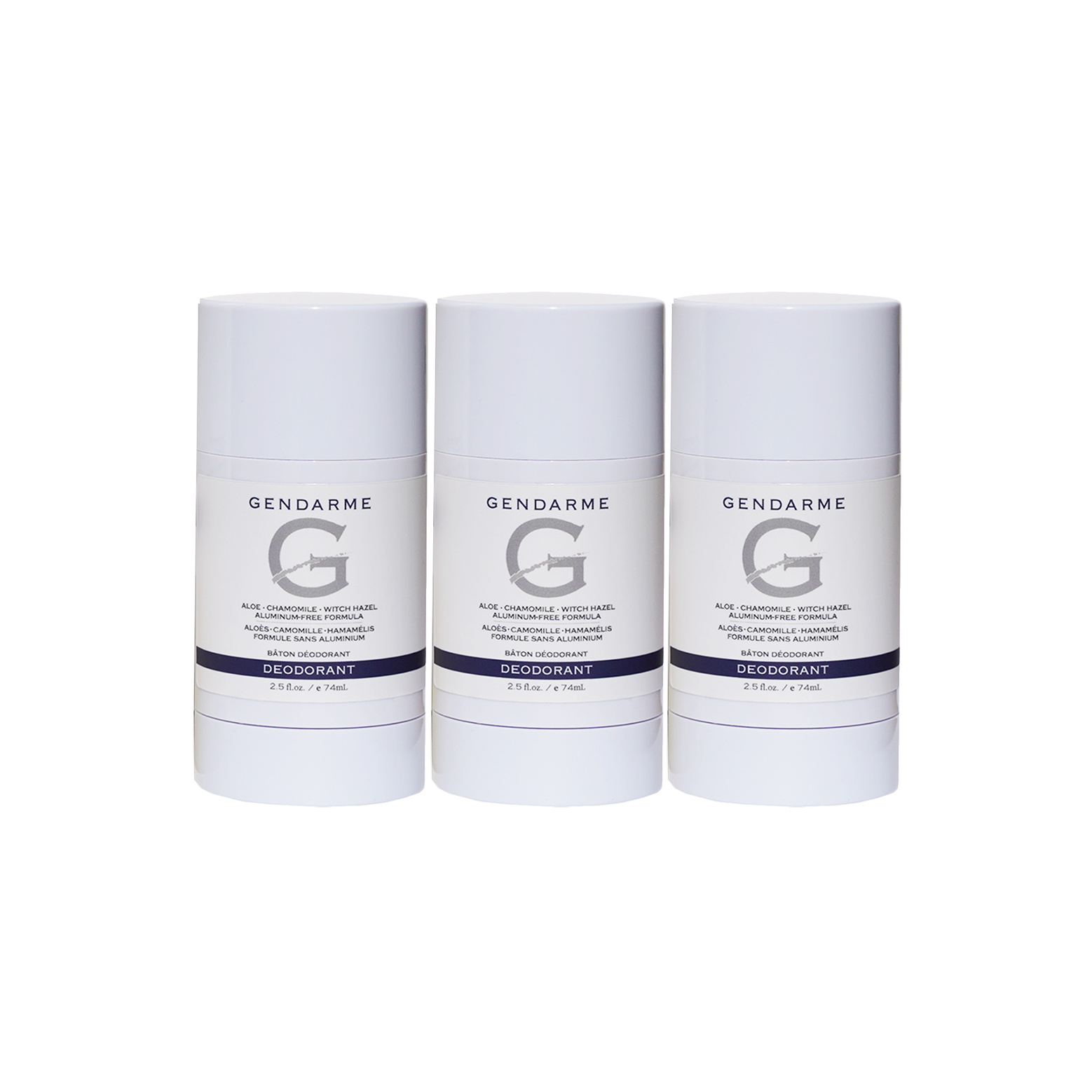 Three Gendarme deodorant sticks on a white background