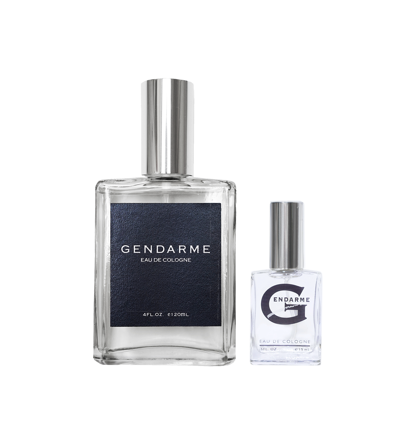 Two Gendarme Eau de Cologne bottles on a white background