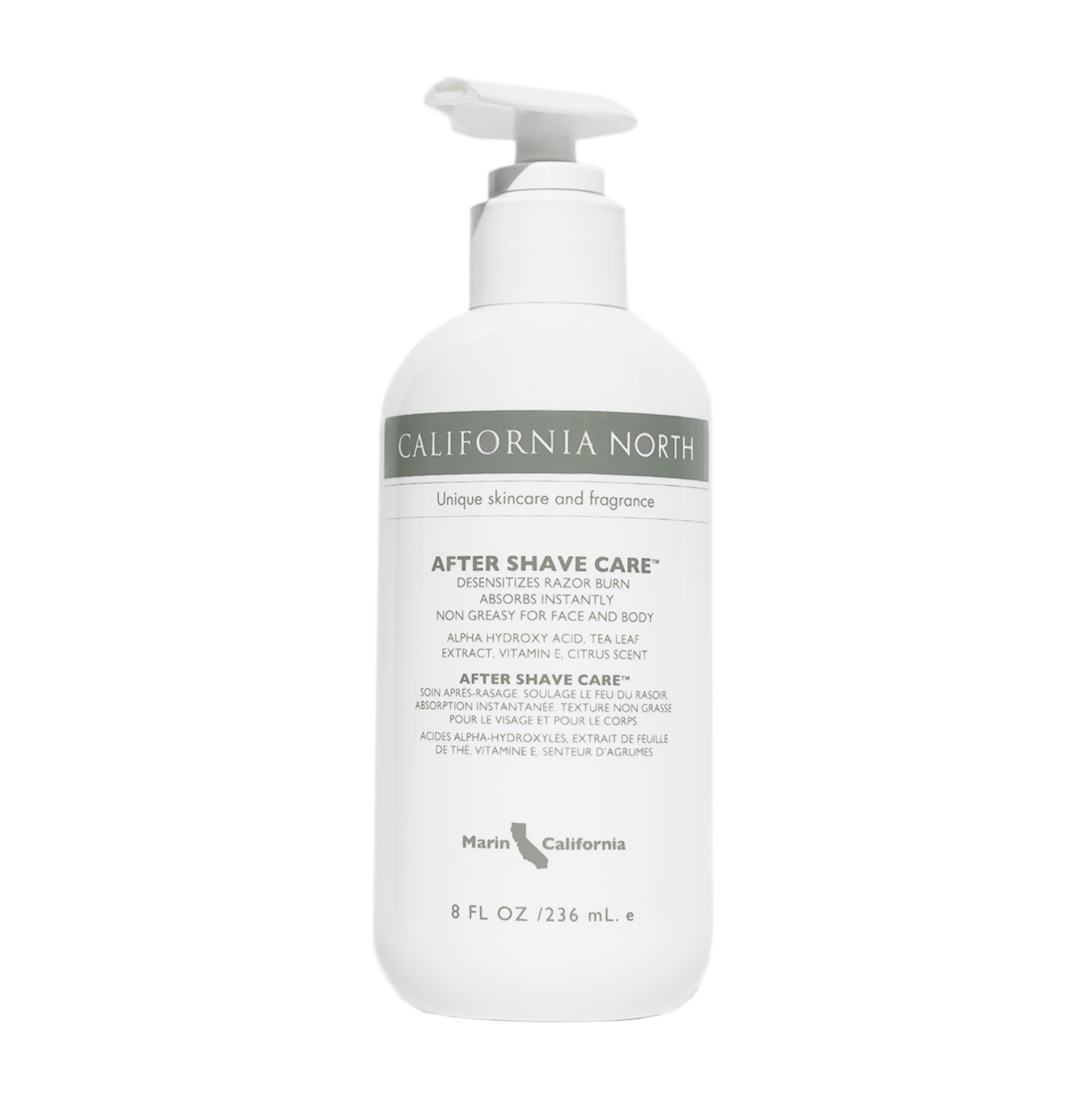 After shave solution in   White pump bottle with text and product information 