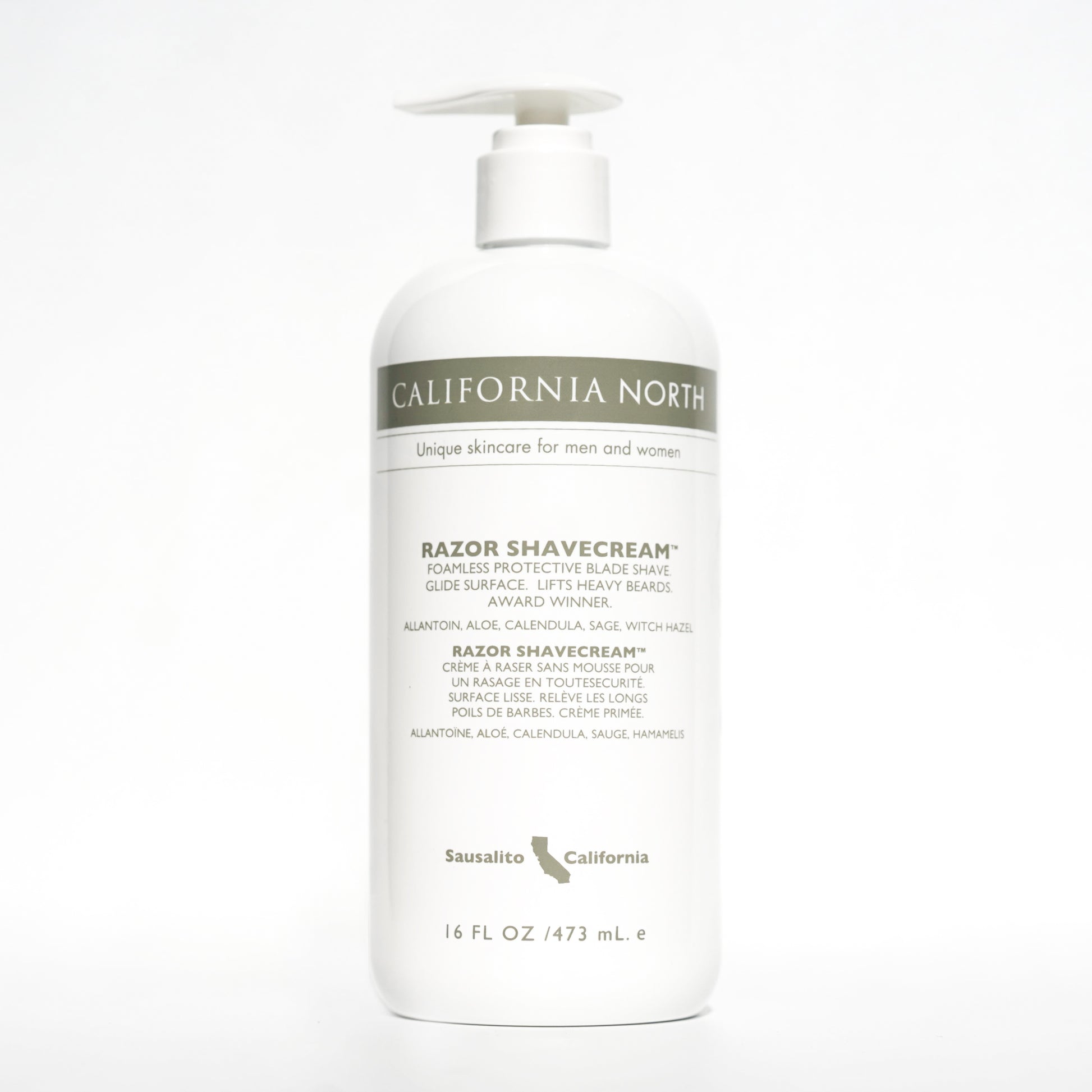 Razor shave cream - White pump bottle with text and product information 
