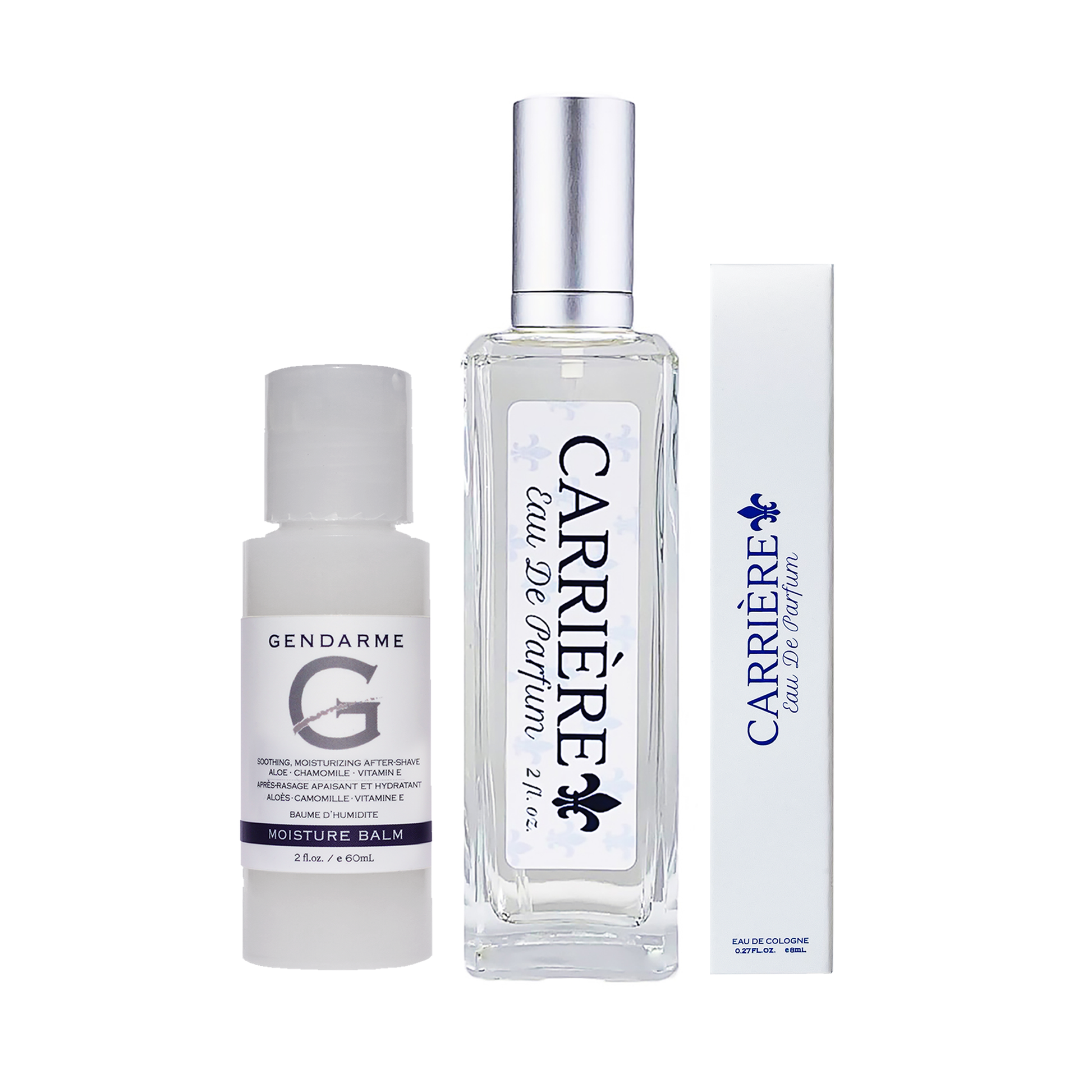 Carriere travel set, includes 2oz Gendarme Moisture Balm, 2oz Carriere Eau De Parfum glass spray bottle, and .27 oz carriers travel size spray in box on a white background.