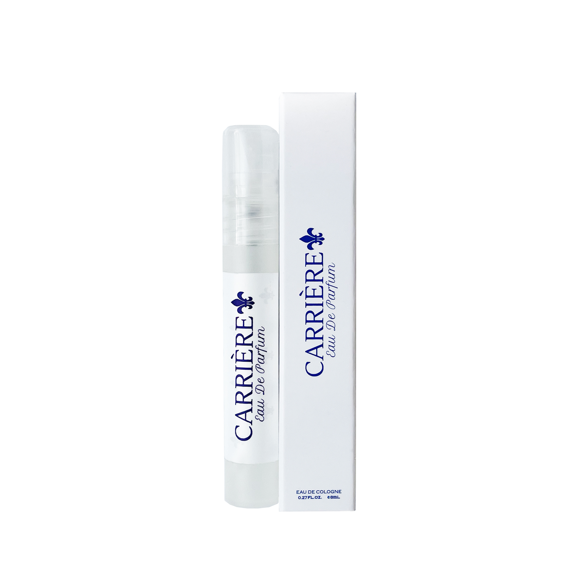 A travel spray bottle of Carrière Eau De Parfum with its packaging box, featuring white color with blue brand logo and floral design elements.