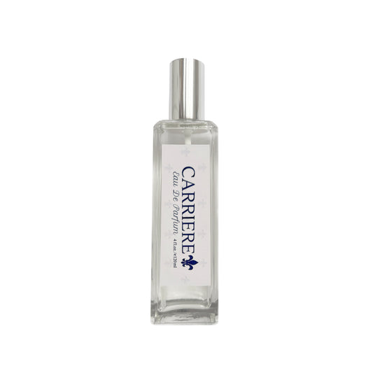 A clear rectangular 4oz glass perfume bottle with a silver cylindrical cap and a white label reading 'CARRIÈRE' in blue, photographed on a plain white background.