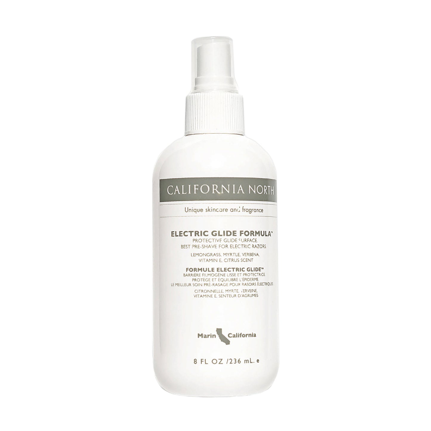 Electric glide white spray bottle with name and product information 