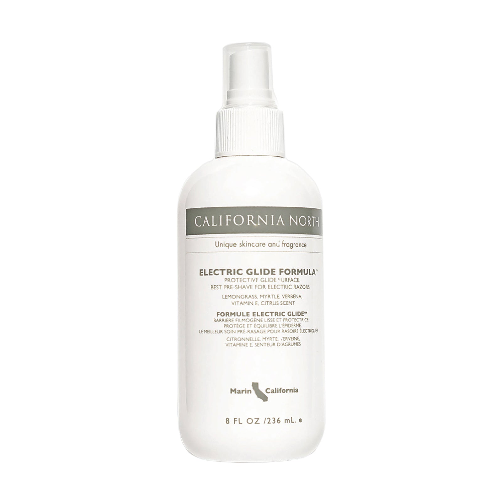 Electric glide white spray bottle with name and product information 