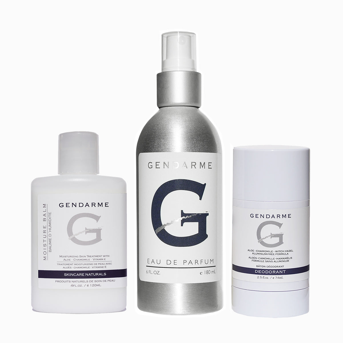 4oz moisture balm, 6oz Gendarme eau de parfum im aluminum can, deodorant on white background