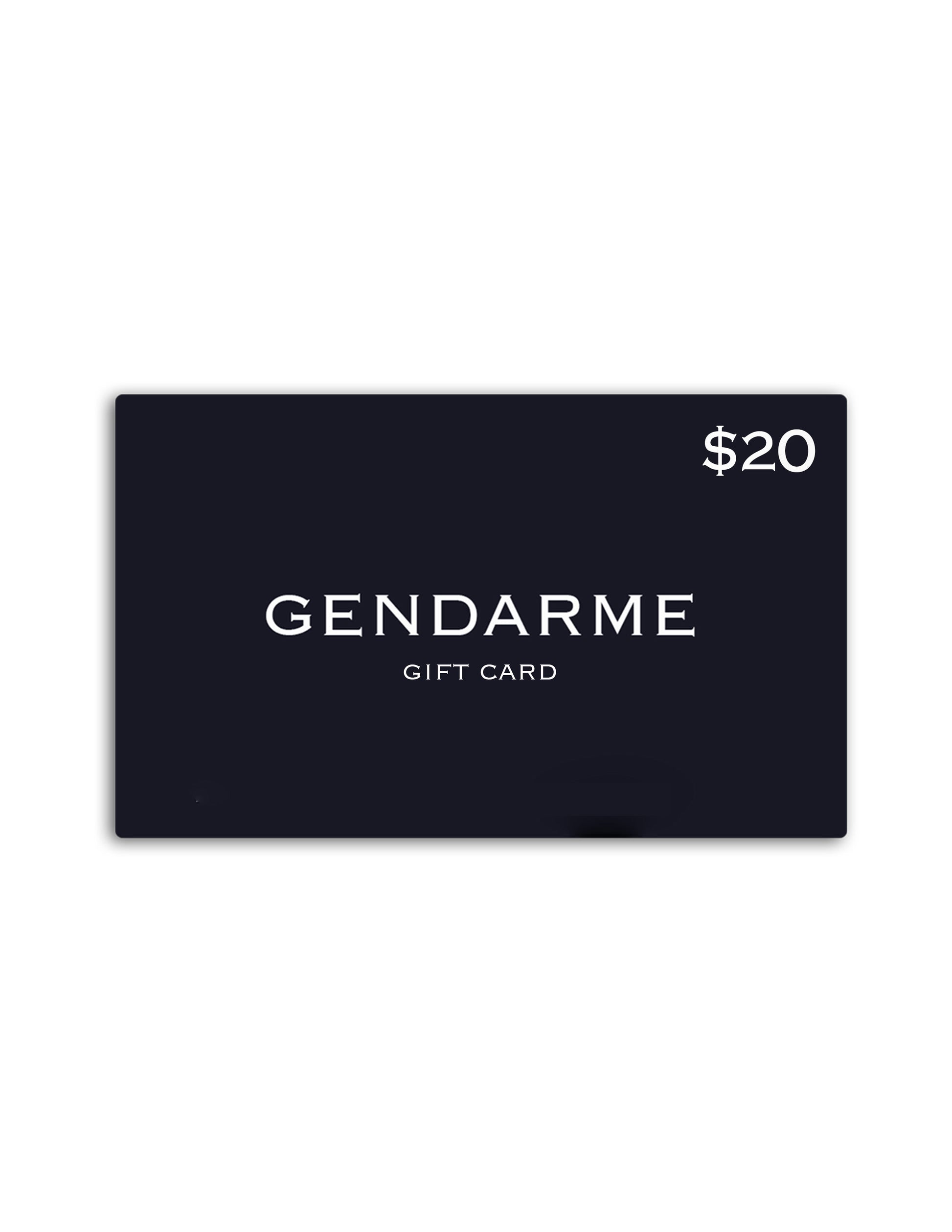 Gendarme dark navy gift card with $25 value on a White background