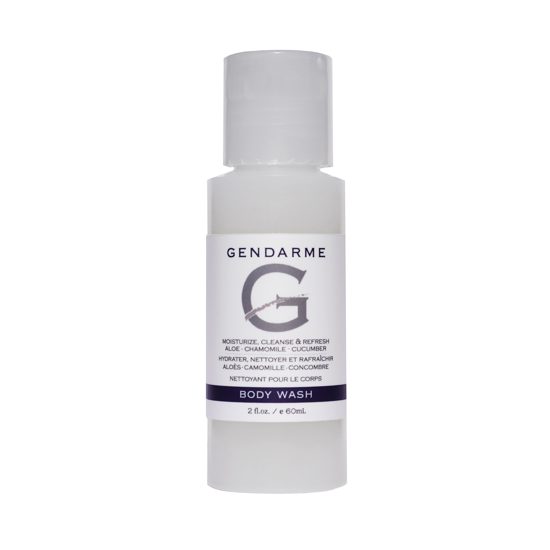 A travel size bottle of Gendarme body wash with a white pump dispenser, labeled with the Gendarme brand logo and product information.