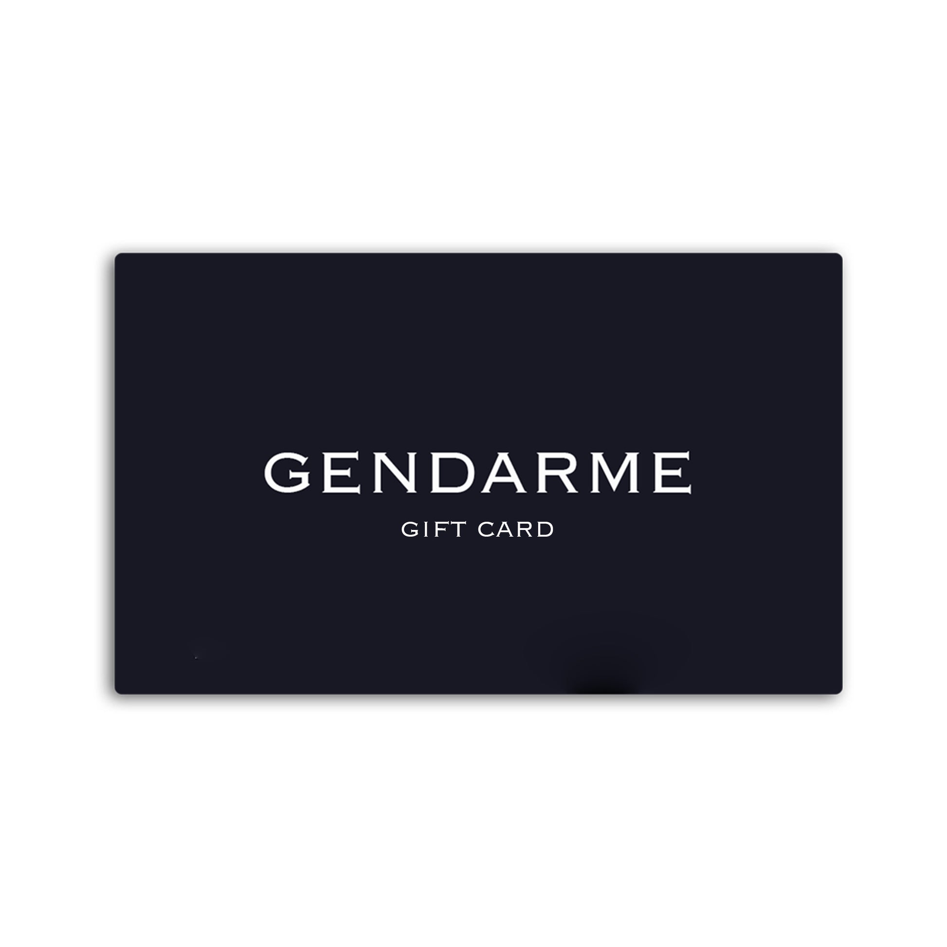 Dark Navy gift card with 'Gendarme' branding on a white background