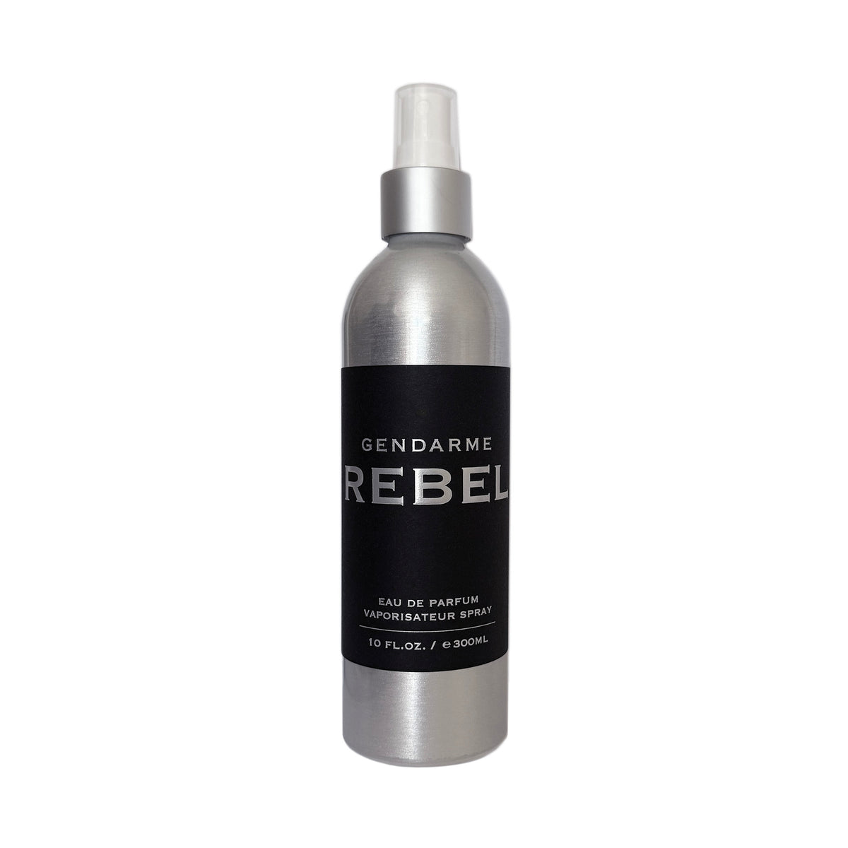 Silver aluminum can with white spray nozzle with black label with silver print. Label reads Gendarme Rebel  Eau de parfum, 10 fl oz. 
