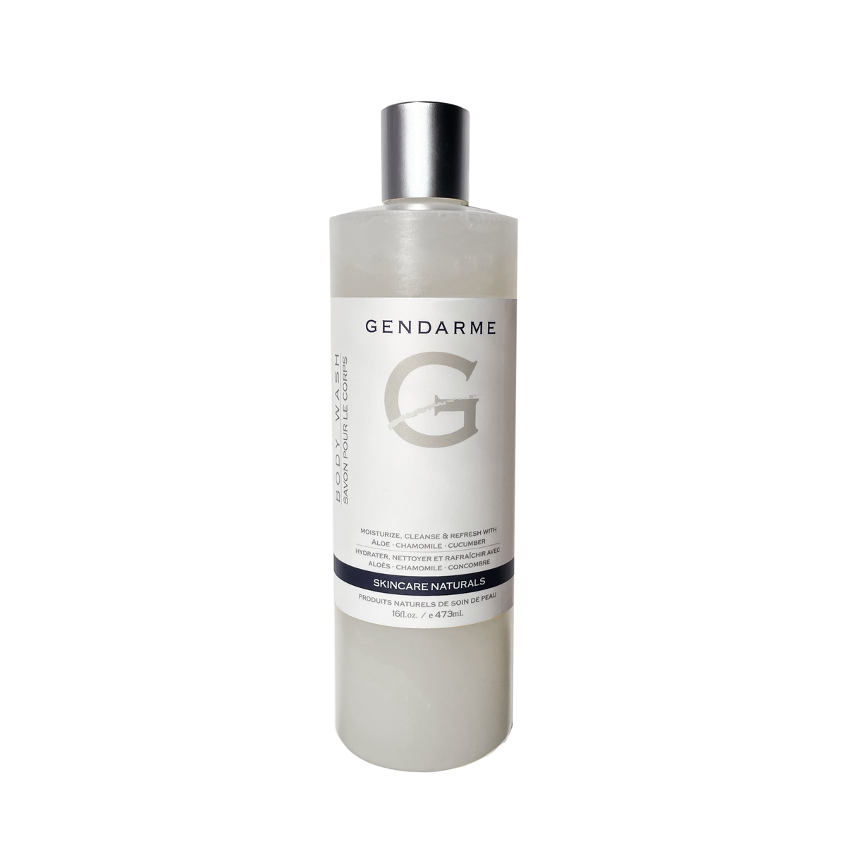 A clear plastic bottle with a silver cap labeled Gendarme Body Wash.