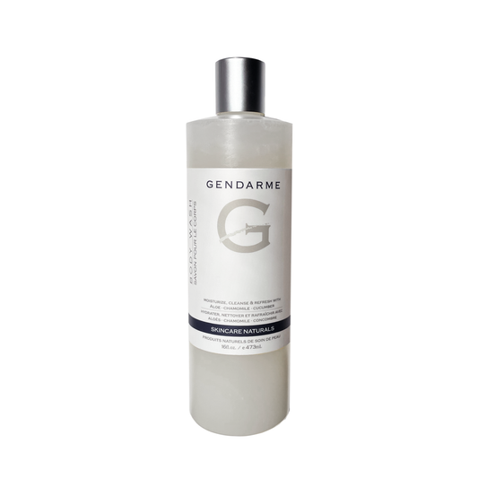 A clear plastic bottle with a silver cap labeled Gendarme Body Wash.