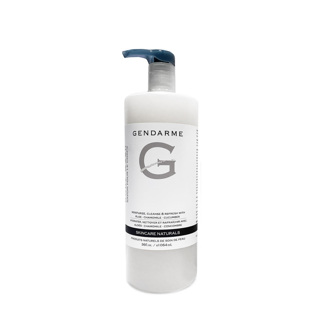 Gendarme Body wash image of white bottle with blue pump nozzle. White label includes brand name Gendarme with G logo and information.