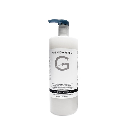 Gendarme Body wash image of white bottle with blue pump nozzle. White label includes brand name Gendarme with G logo and information.
