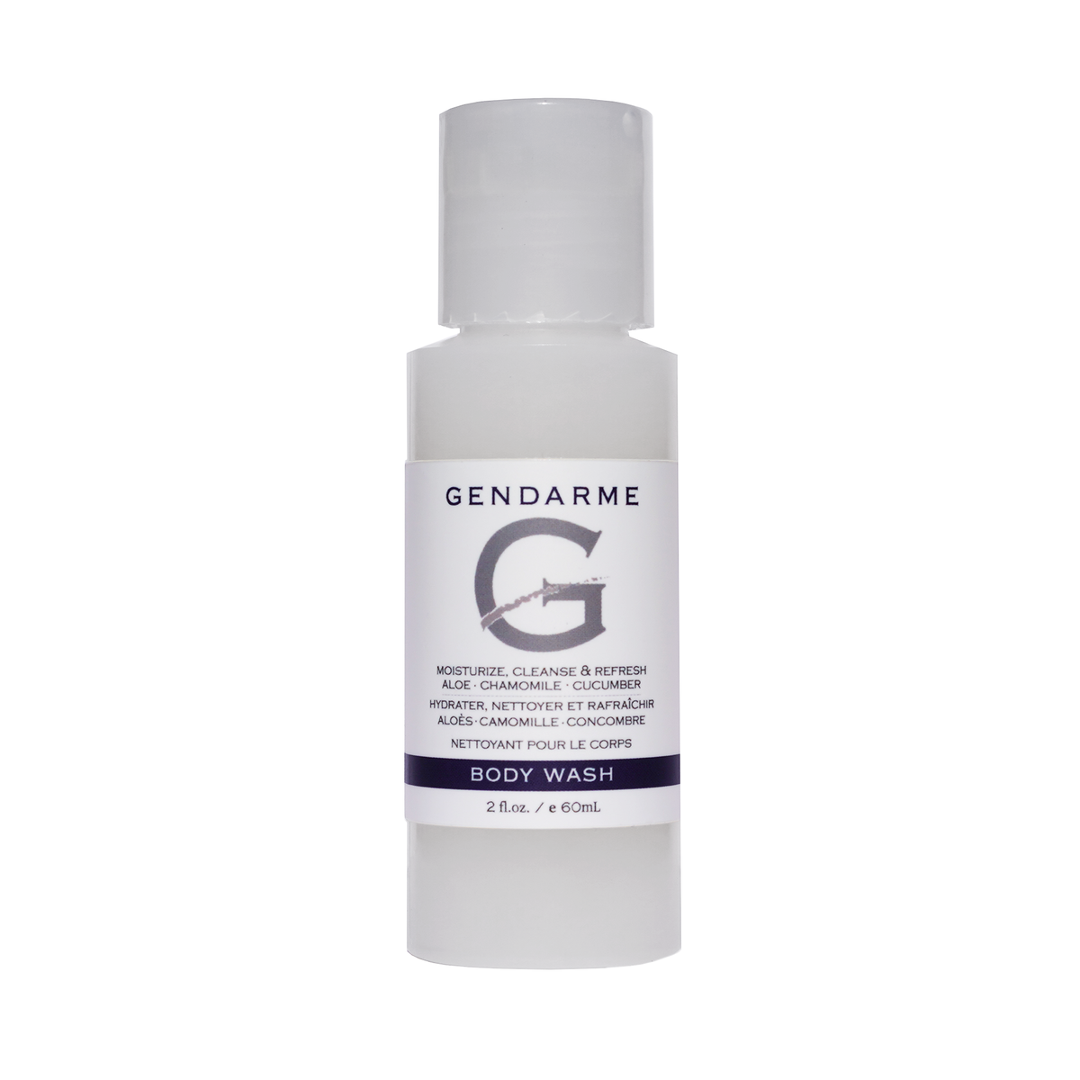 A clear plastic bottle with a clear cap and a label that reads 'GENDARME' brand of body wash. The bottle is transparent, revealing a light-colored liquid inside.