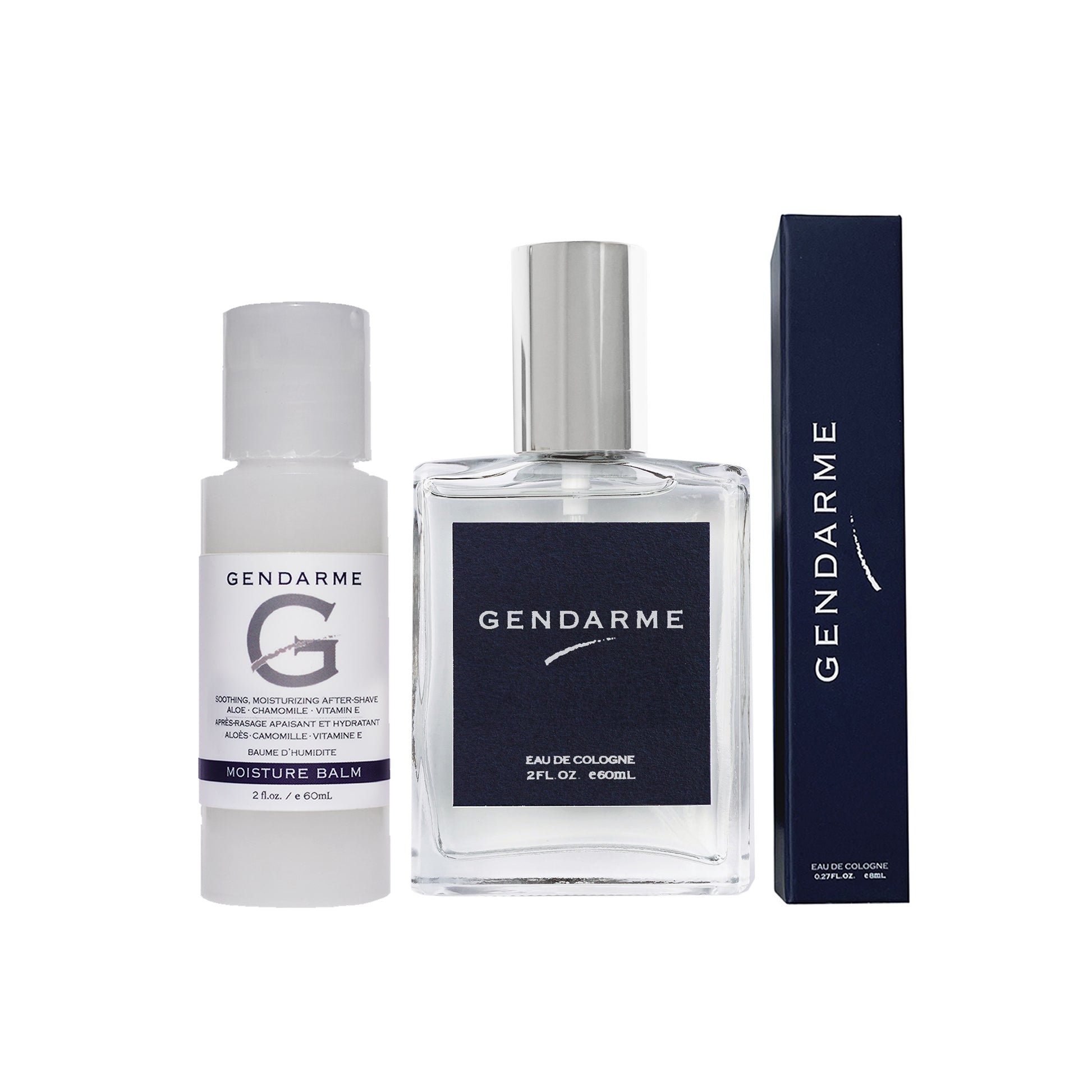 Gendarme 2oz cologne bottle, travel size moisture balm, and travel sprayer in box on a white background