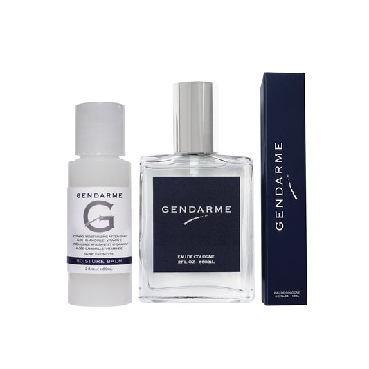 Gendarme 2oz cologne bottle, travel size moisture balm, and travel sprayer in box on a white background
