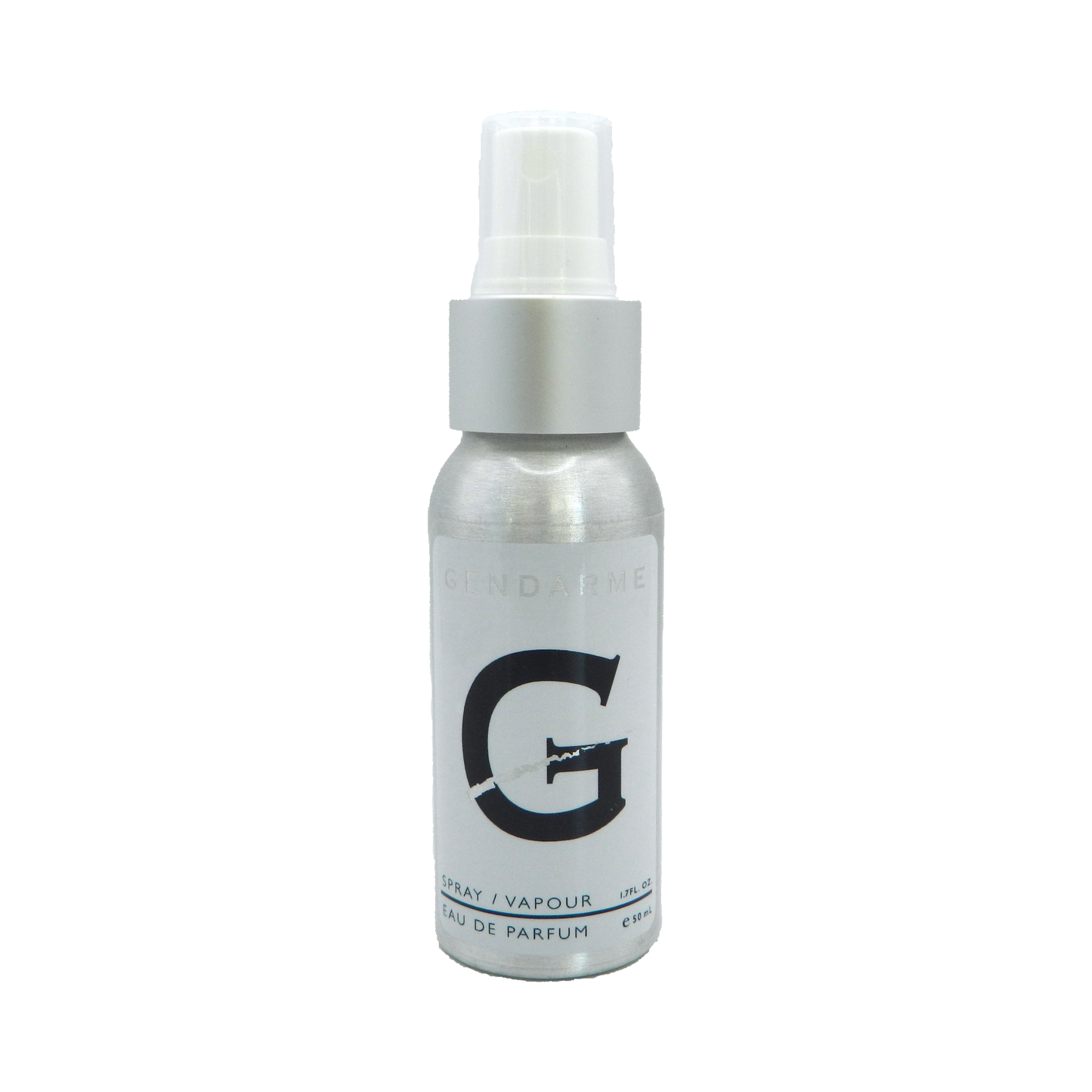 1.7oz Silver spray bottle with a Gendarme Eau de Perfume logo on a white background