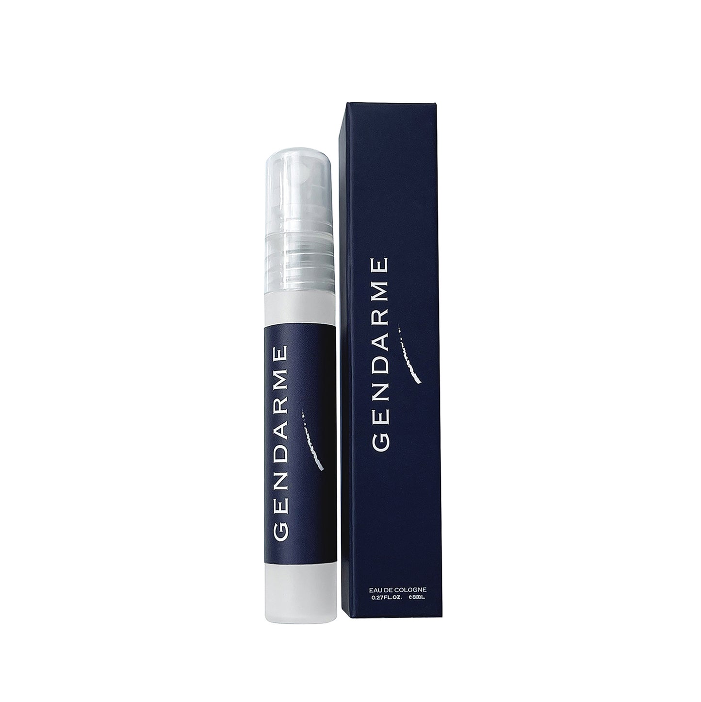 A .27oz Gendarme Eau de Cologne plastic spray bottle standing next to its tall, dark navy blue packaging box on a plain white background.