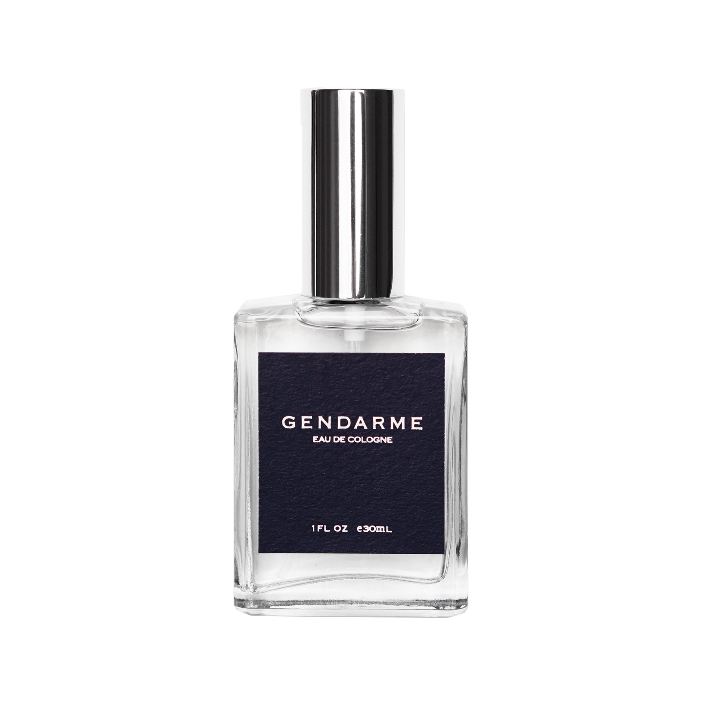 A 1oz bottle of Gendarme Eau De Cologne with a clear liquid visible inside, a silver cap, and a navy label.