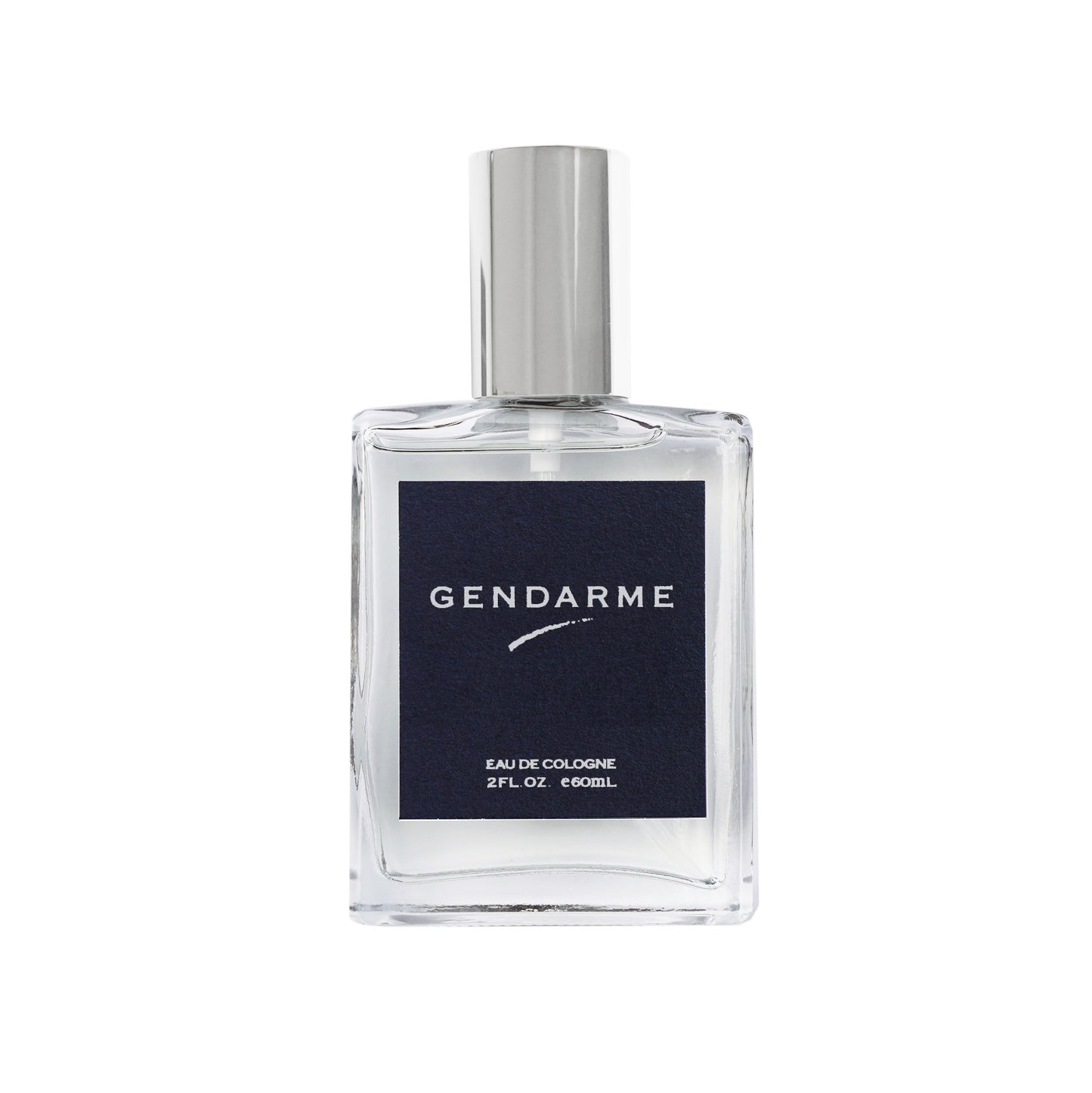 A clear glass bottle of 2oz Gendarme Eau de Cologne with a dark navy blue label and a silver cap, shown on a plain white background.