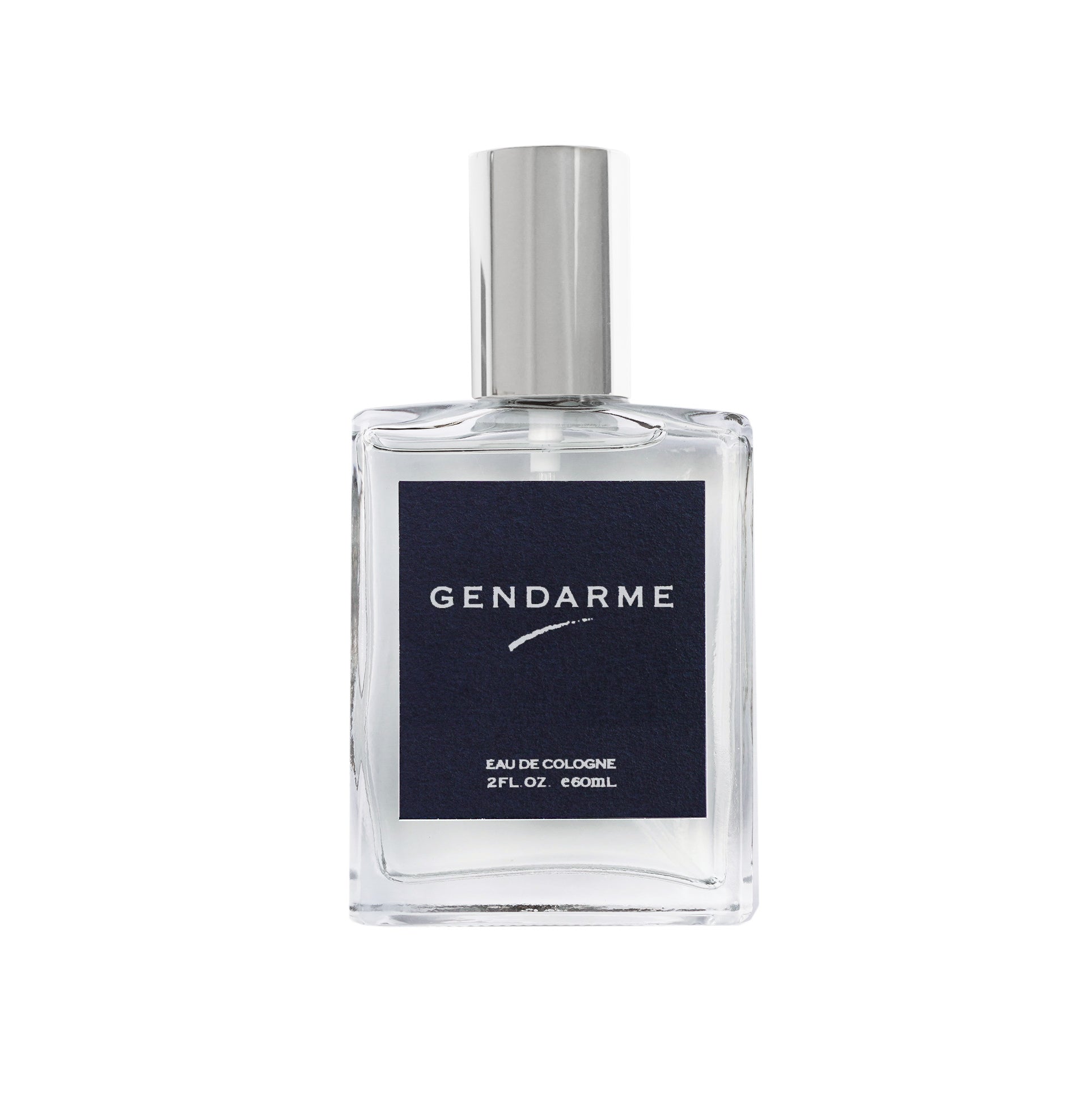 A clear glass bottle of 2oz Gendarme Eau de Cologne with a dark navy blue label and a silver cap, shown on a plain white background.