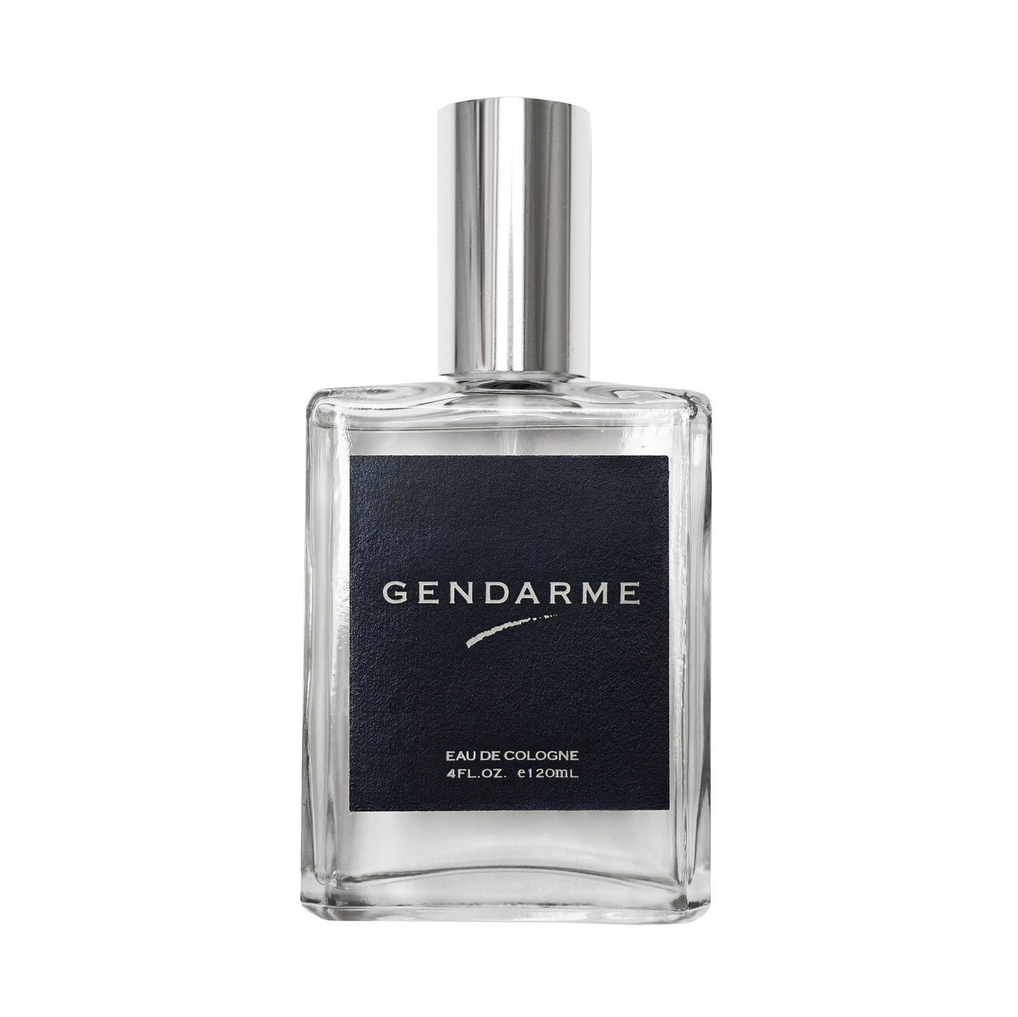 A 4oz clear glass bottle of Gendarme Eau de Cologne with a reflective silver cap and a textured dark navy label, shown on a plain white background.