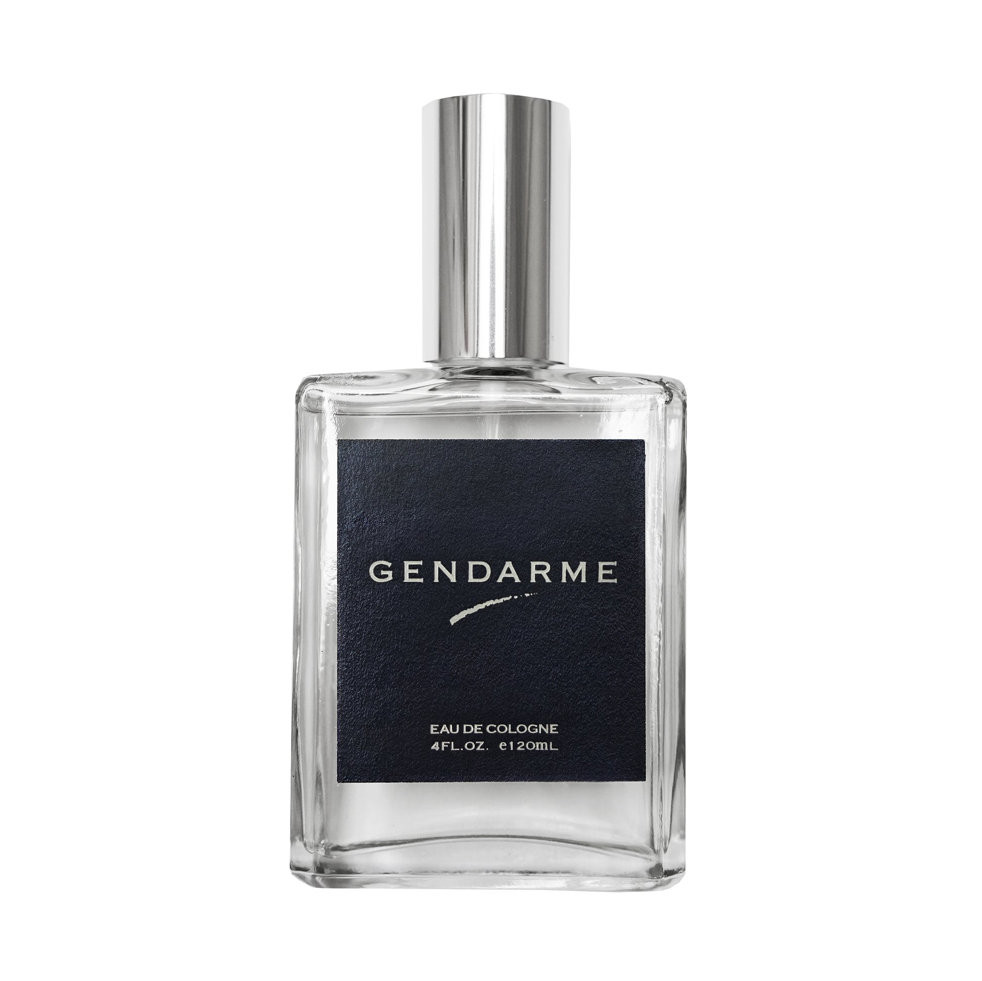 A 4oz clear glass bottle of Gendarme Eau de Cologne with a reflective silver cap and a textured dark navy label, shown on a plain white background.