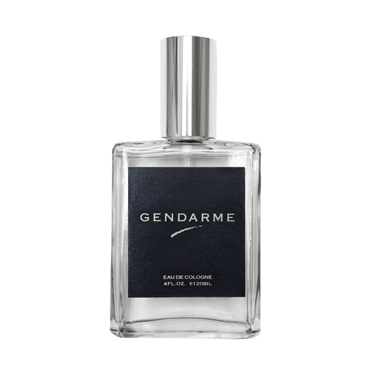 A 4oz clear glass bottle of Gendarme Eau de Cologne with a reflective silver cap and a textured dark navy label, shown on a plain white background.