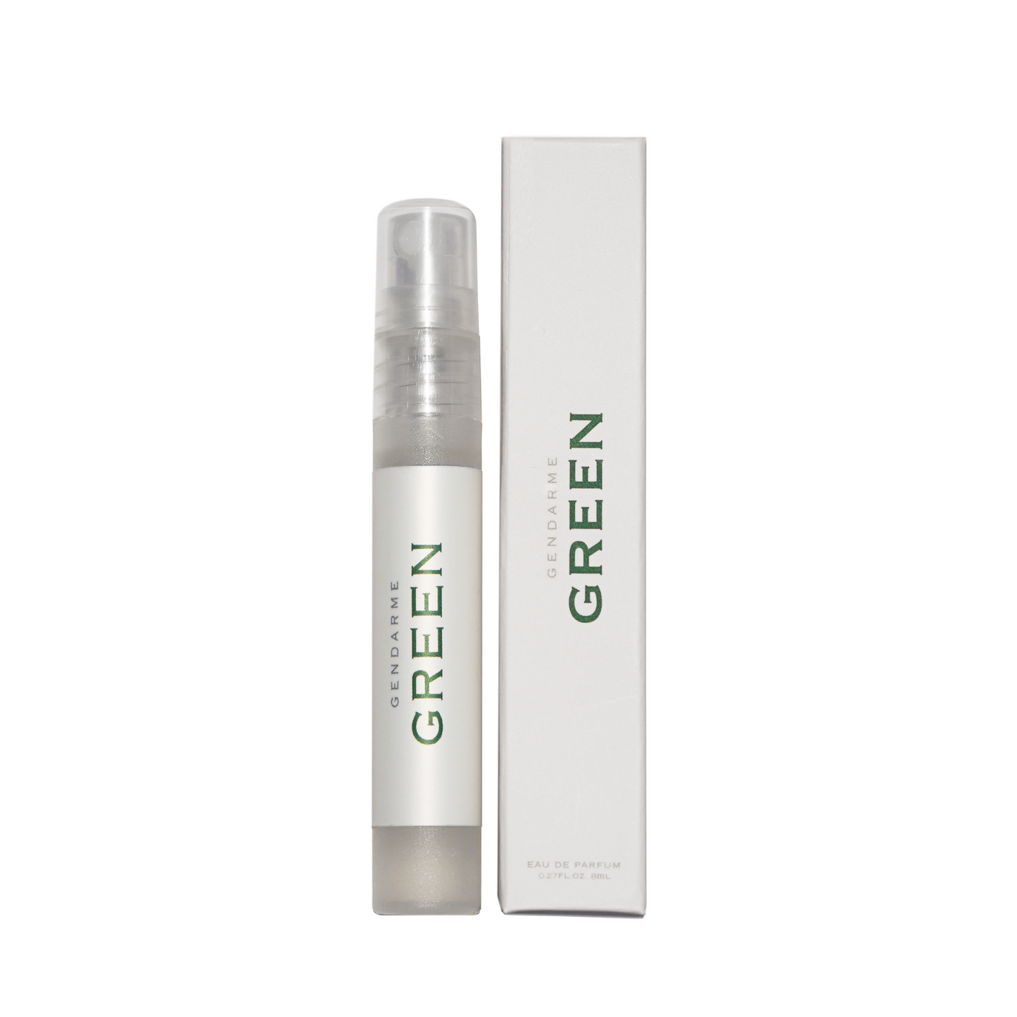 A travel spray bottle of Gendarme Green Eau De Parfum next to its packaging box.