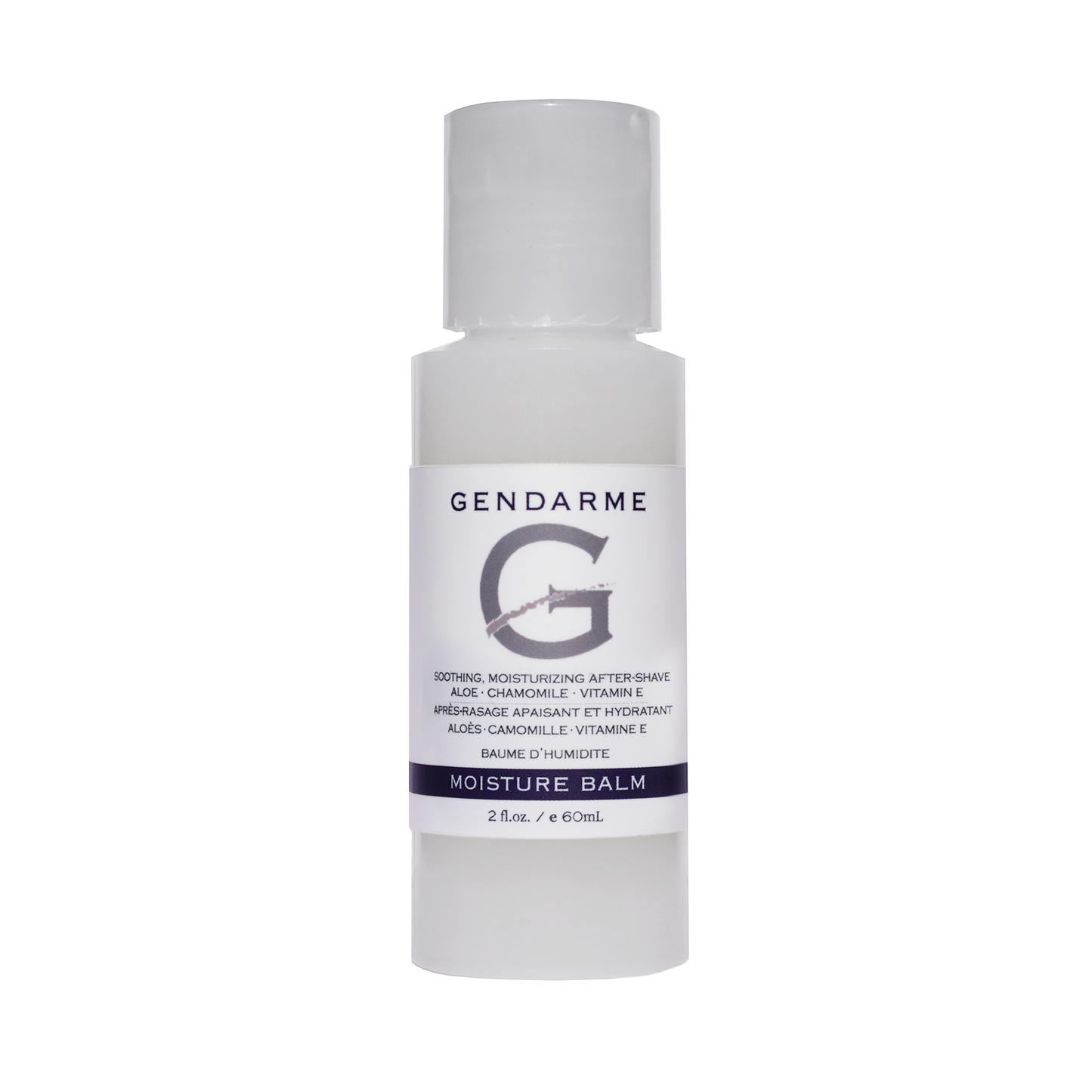 A white bottle of Gendarme Moisture Balm with a simple design, labeled with the Gendarme brand logo and the words 'Moisturizing Body Treatment'. The bottle is transparent, revealing a light-colored liquid inside.