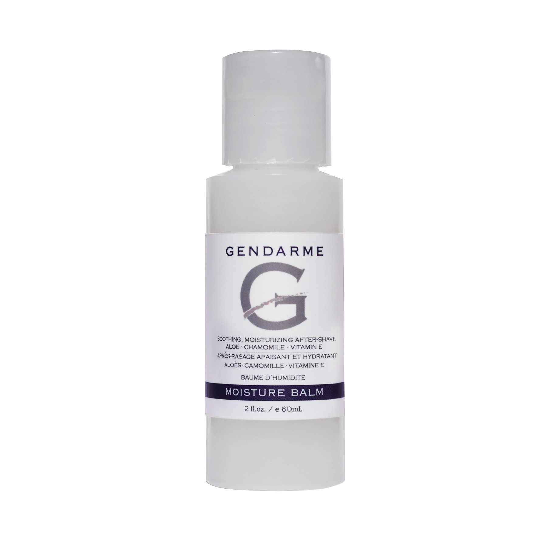 A white bottle of Gendarme Moisture Balm with a simple design, labeled with the Gendarme brand logo and the words 'Moisturizing Body Treatment'. The bottle is transparent, revealing a light-colored liquid inside.