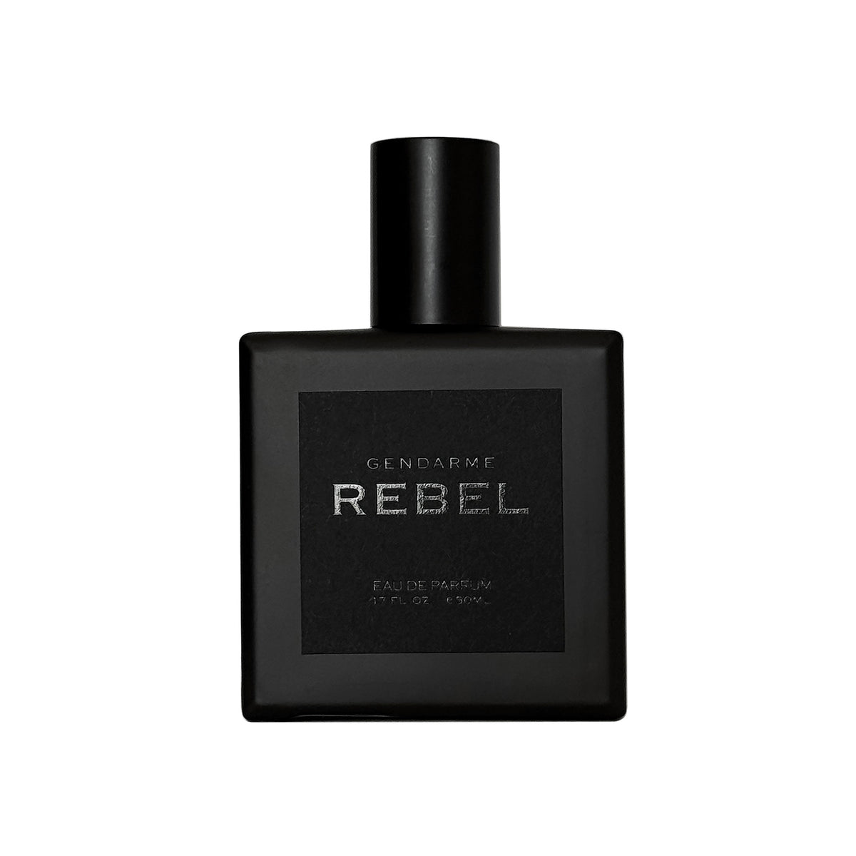 Black square bottle with black cap and black label  with Gendarme Rebel  written on front in black 