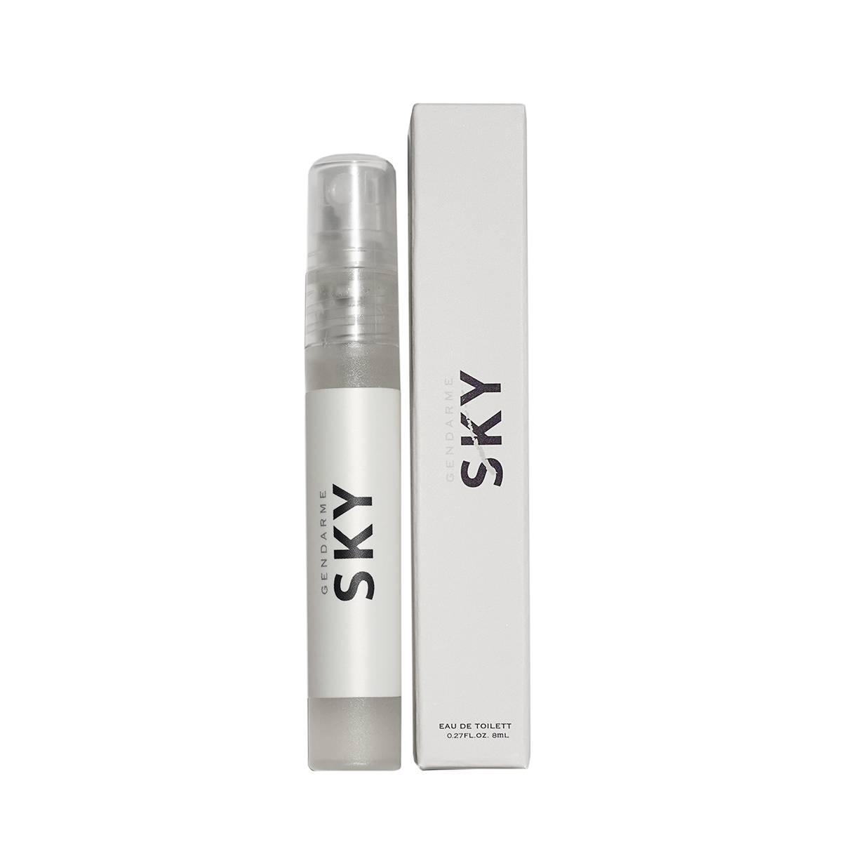 Gendarme Sky Eau De Toilette travel spray bottle next to its packaging box, both featuring the label 'SKY'.