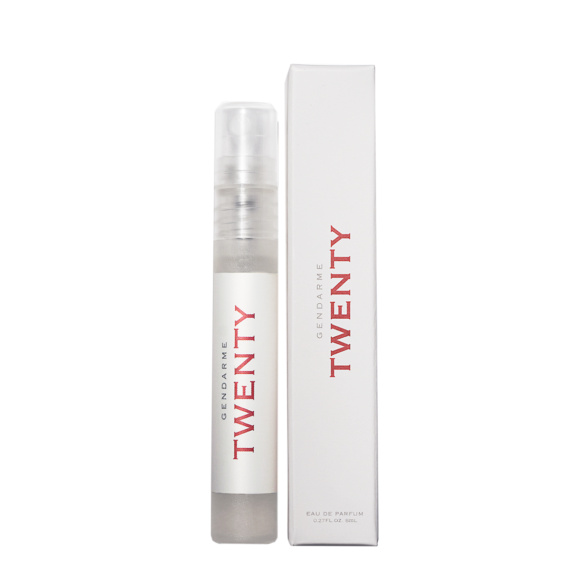 Gendarme 20 Eau De Parfum travel spray bottle alongside its packaging box. The bottle is clear with a white spray nozzle and the brand name is written in red.