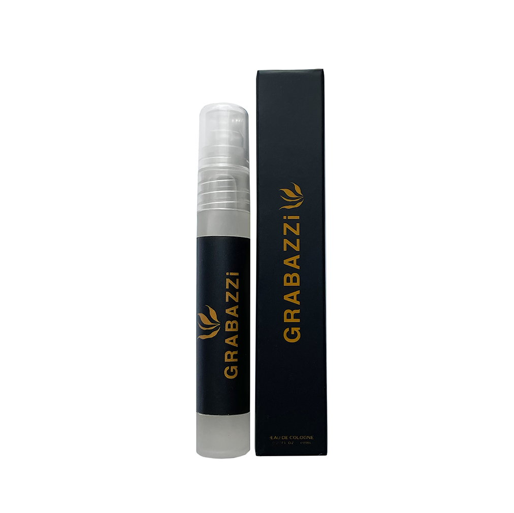 A travel spray plastic atomizer  of Grabazzi Eau De Cologne with a black box, both featuring the Grabazzi brand logo.