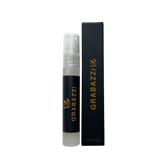 A travel spray plastic atomizer  of Grabazzi Eau De Cologne with a black box, both featuring the Grabazzi brand logo.