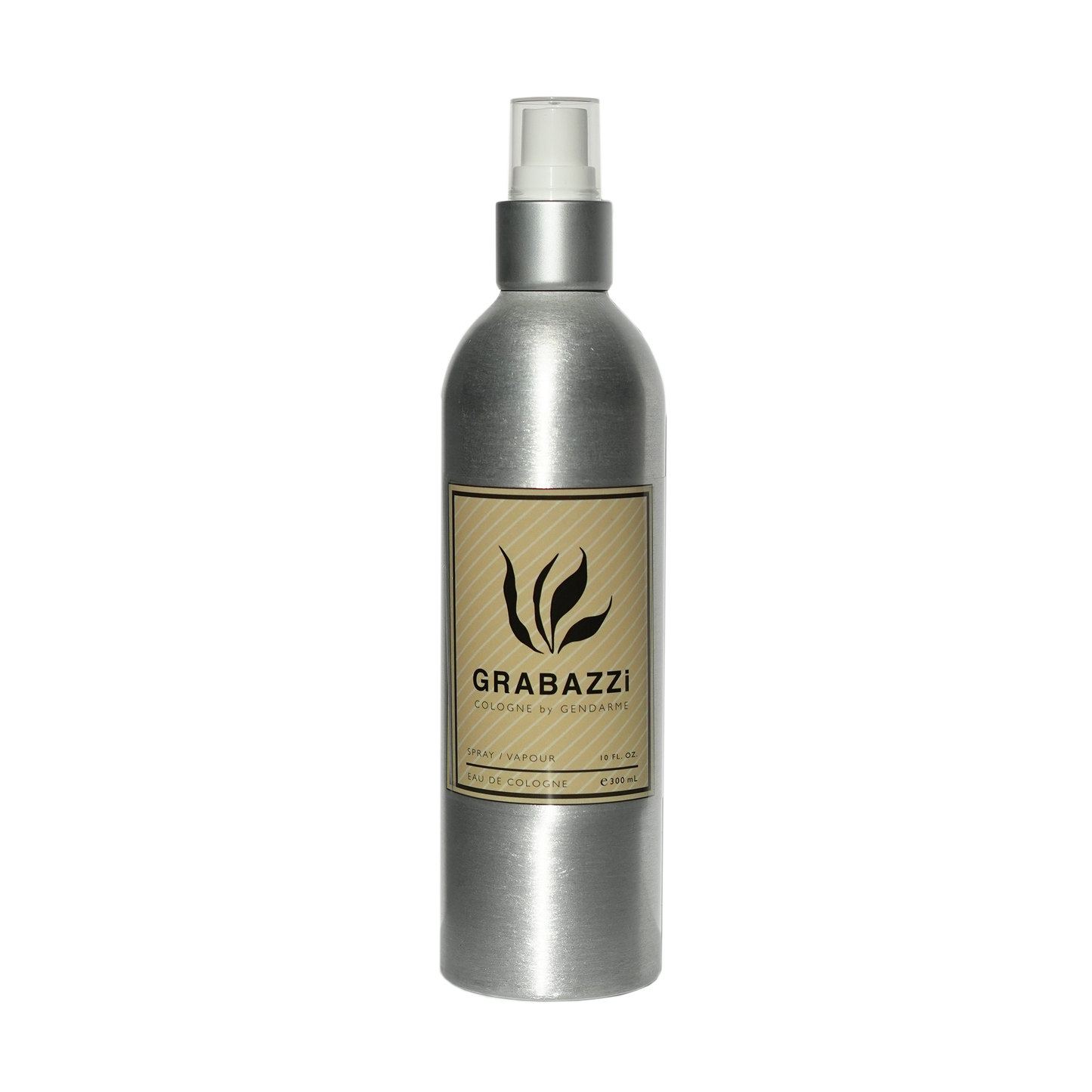 A bottle of Grabazzi Eau De Cologne with a label displaying the brand name and fragrance notes. The bottle is filled with a yellow liquid and has white sprayer with clear cap.
