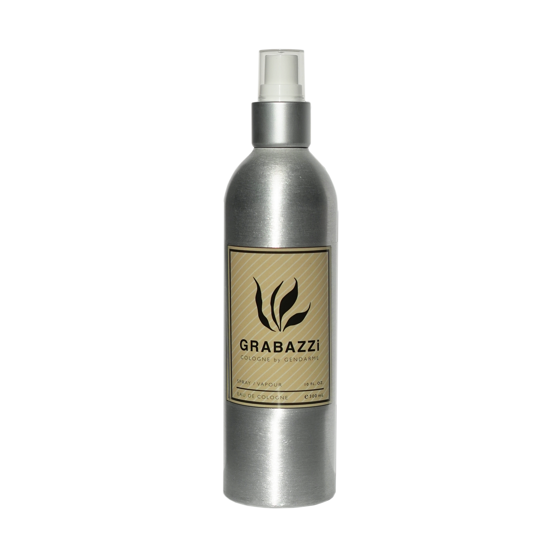 A bottle of Grabazzi Eau De Cologne with a label displaying the brand name and fragrance notes. The bottle is filled with a yellow liquid and has white sprayer with clear cap.