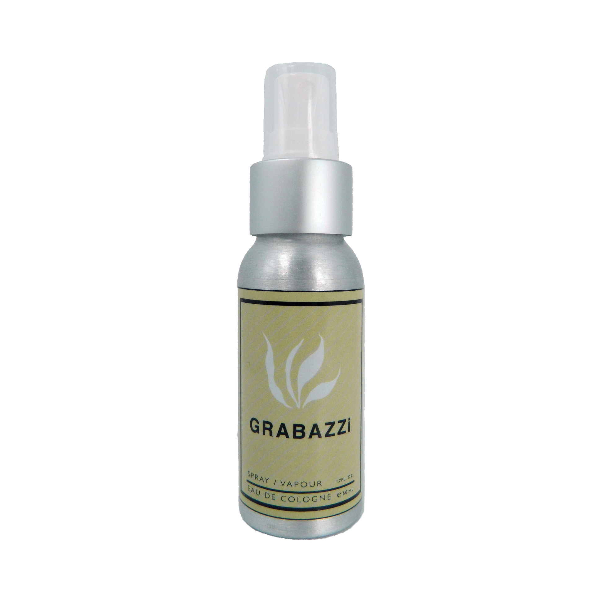 1.7oz Grabazzi Eau De Cologne spray aluminum spray travel size bottle on a white background