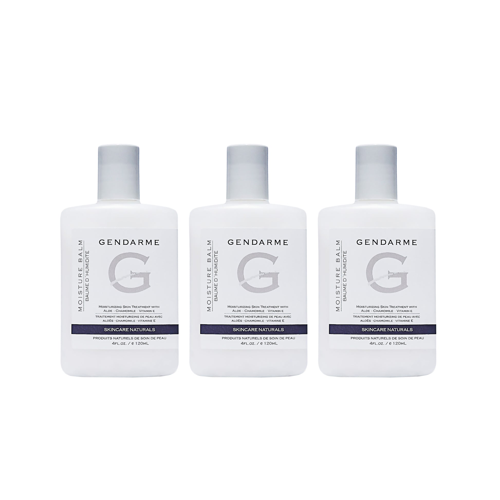Three bottles of Gendarme moisture balm  product on a white background