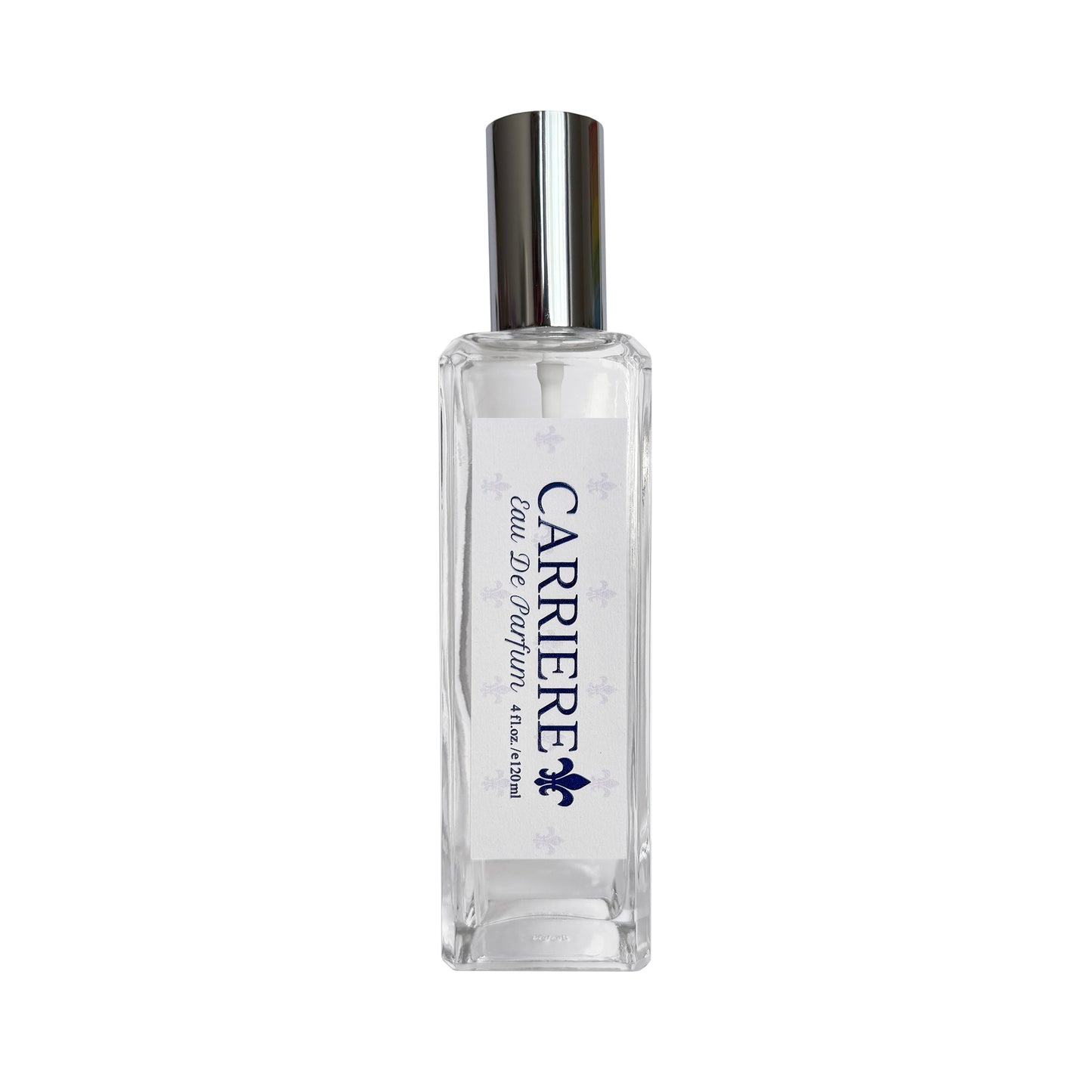 A 4oz clear glass perfume bottle with a white label and a shiny silver cap, labeled 'CARRIÈRE Eau De Parfum'.