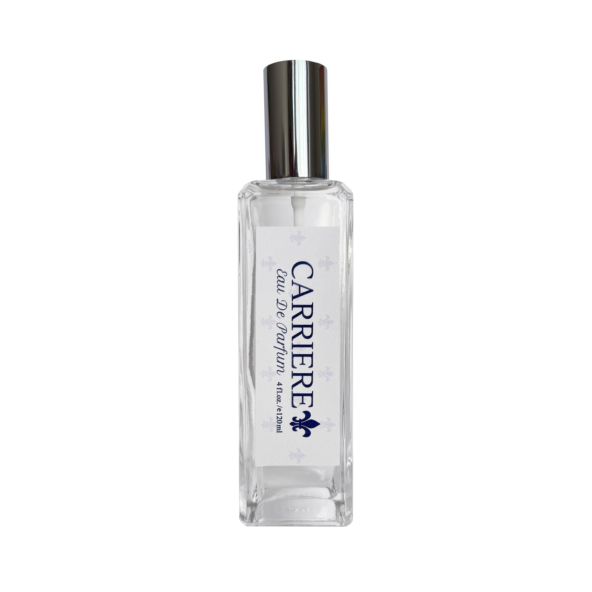 A 4oz clear glass perfume bottle with a white label and a shiny silver cap, labeled 'CARRIÈRE Eau De Parfum'.
